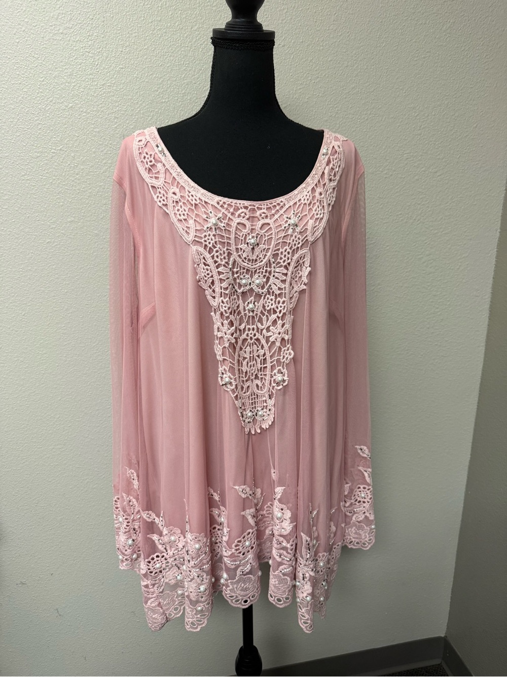 Roamans 26W Dusty Pink Lace Beaded Mesh Tunic Boho Romantic Blouse Top - Picture 2 of 10